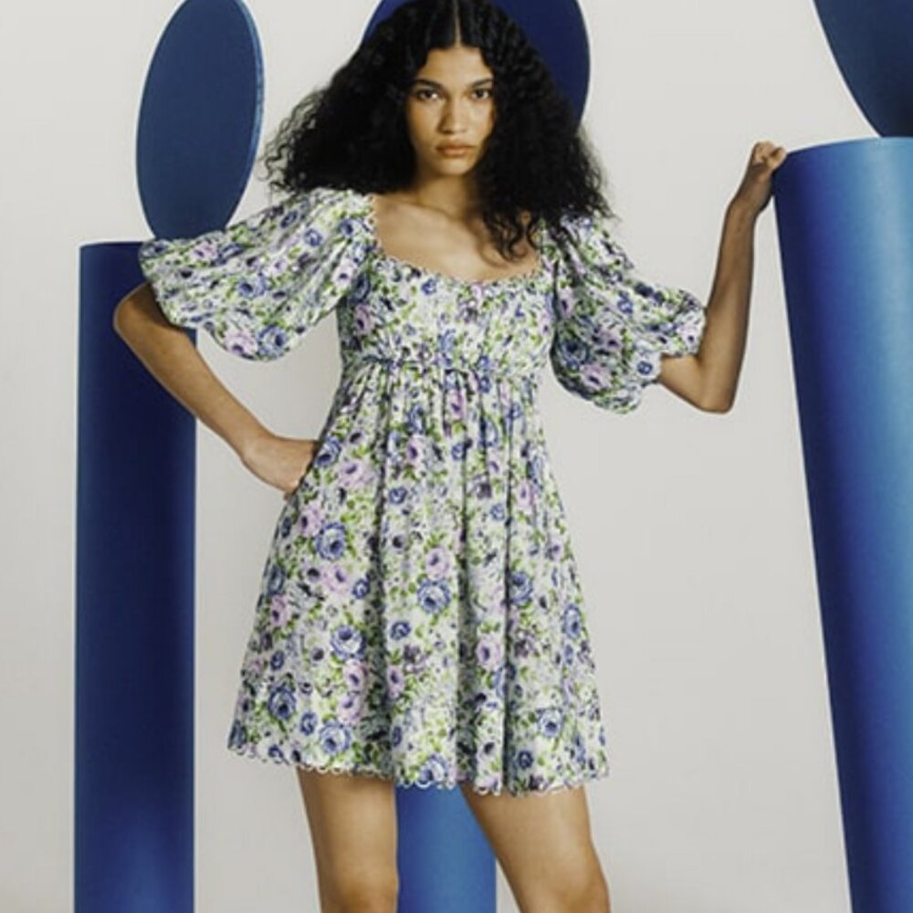 ZIMMERMANN + Net Sustain Scalloped Pleated Floral-print Organic Linen Mini Dress